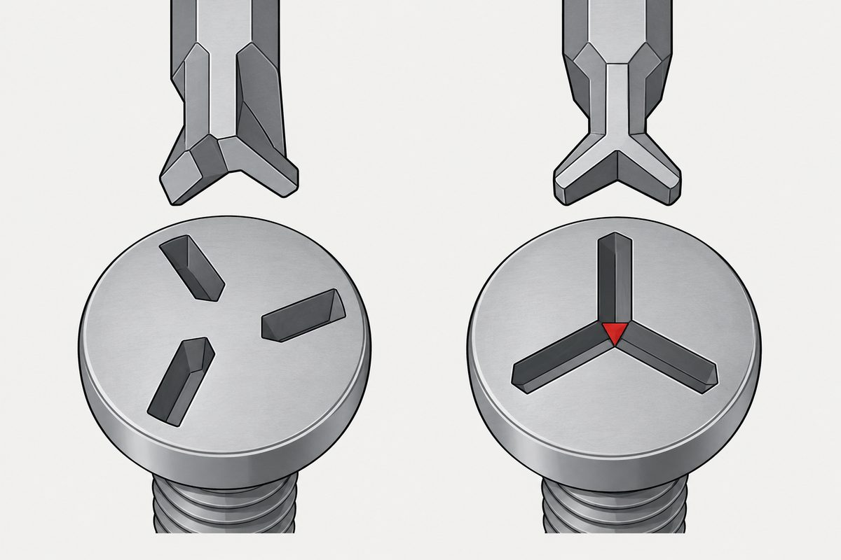 Two steel screws beneath matching bits, one with three offset slots and one with three centered slots.