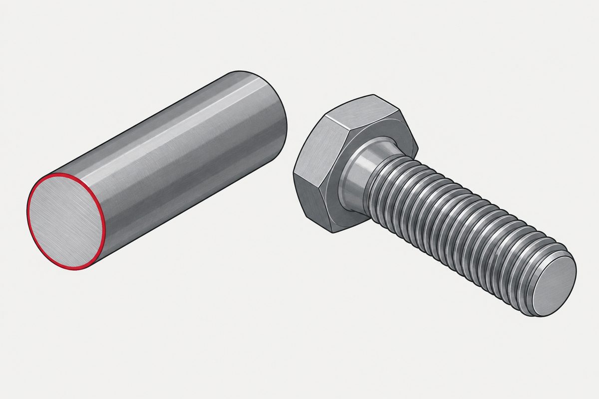 A steel hex bolt beside a cylindrical steel bar with a red ring around its cut face.