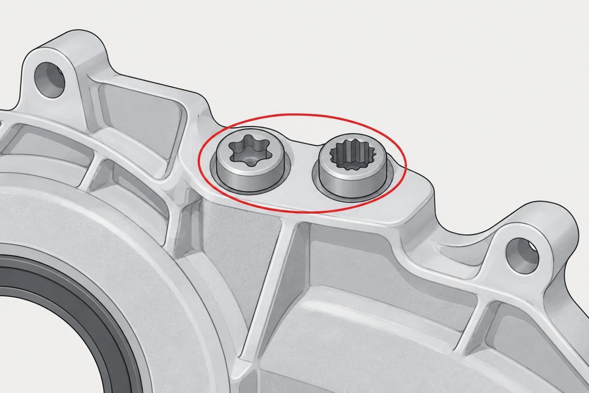 Two bolts with different drives side by side on an aluminium housing, one star-shaped and one twelve-point, circled in red.