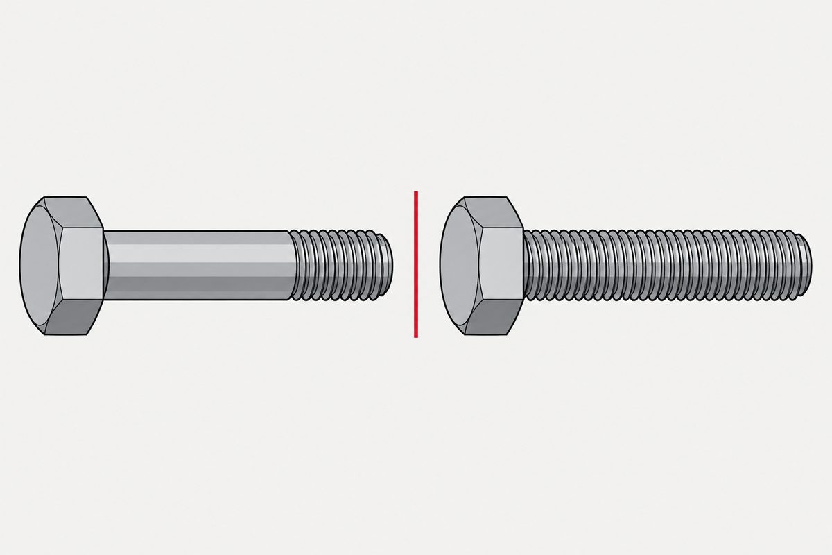 Two steel hex bolts sit side by side, one partly threaded and one nearly fully threaded, divided by a red line.