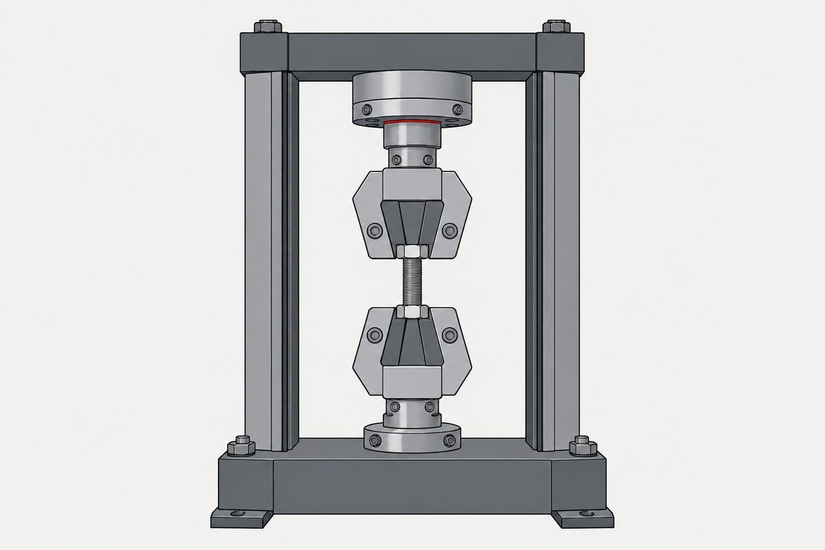 A steel tensile-testing machine grips a single bolt, with a thin red gap beneath the upper load cell.