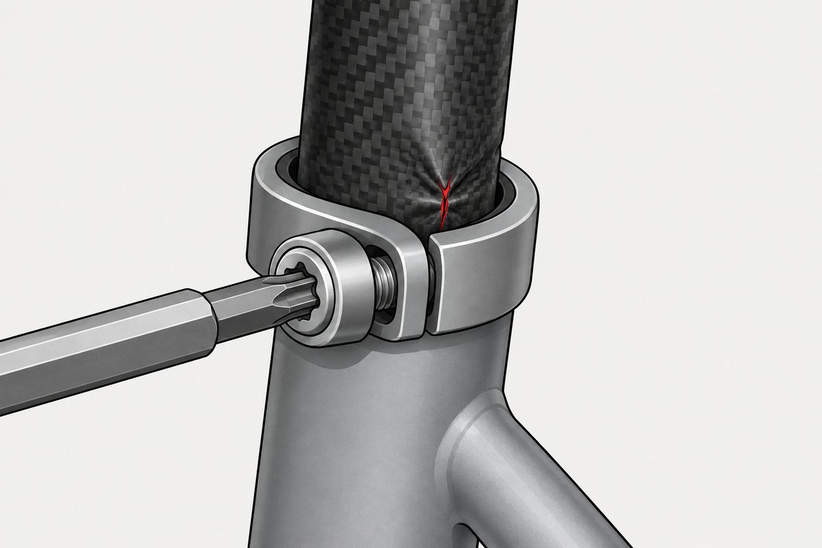 A Torx driver engages a bicycle seat-clamp bolt beside a pinched carbon seatpost with a red crack.