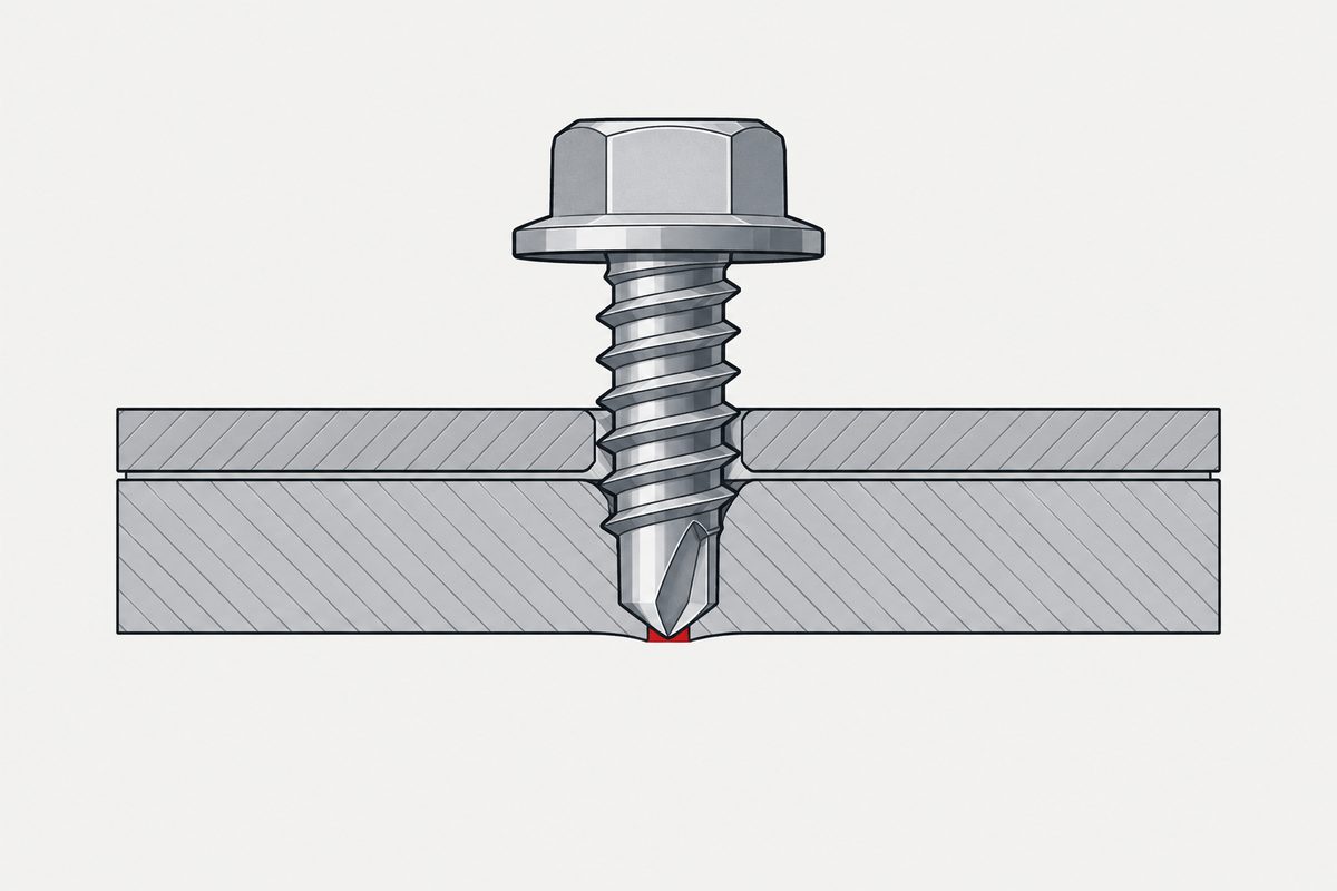 Cutaway of a self-drilling screw in two steel sheets, with a red metal web remaining beneath the drill tip.