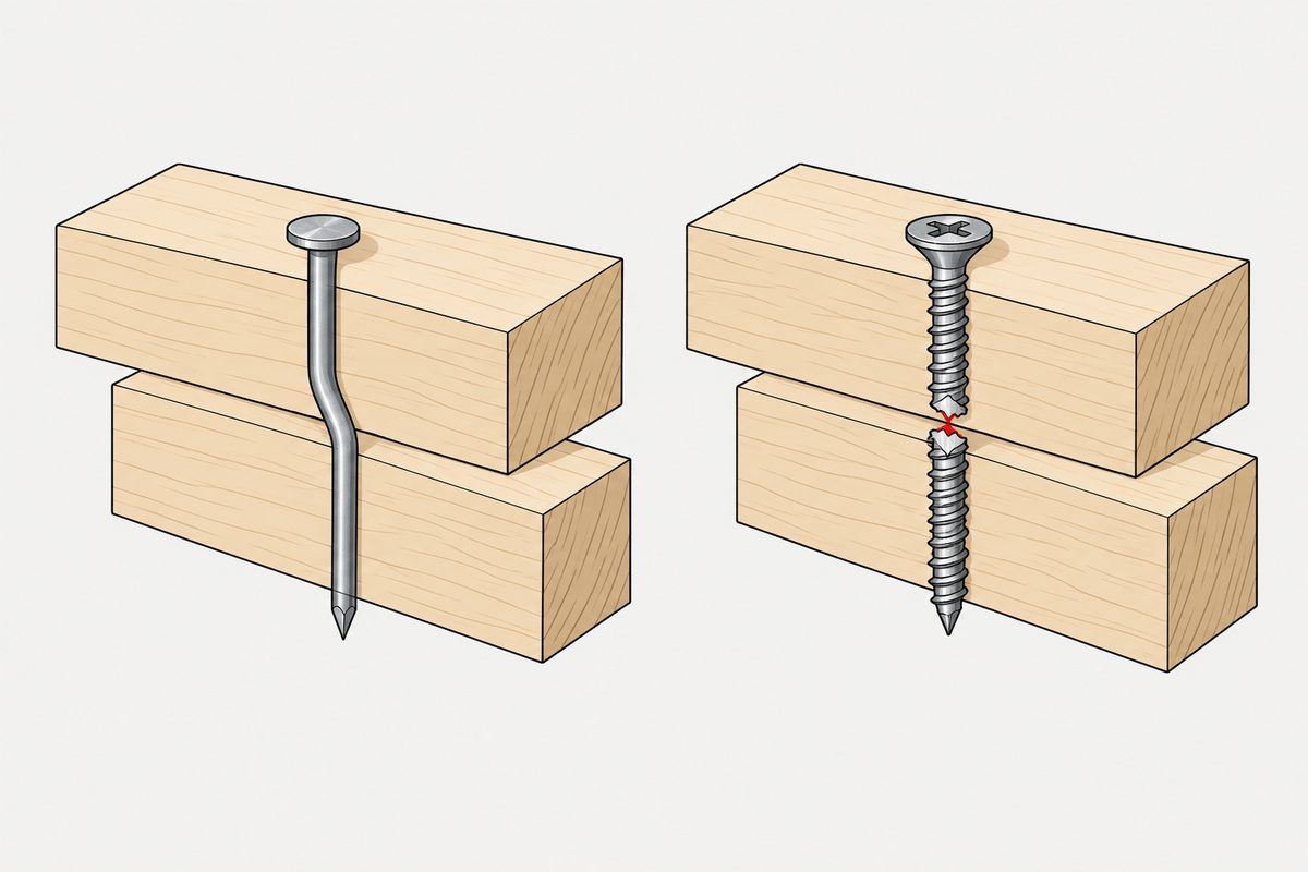 Two timber joints show a bent intact nail beside a screw fractured at a red-highlighted gap.