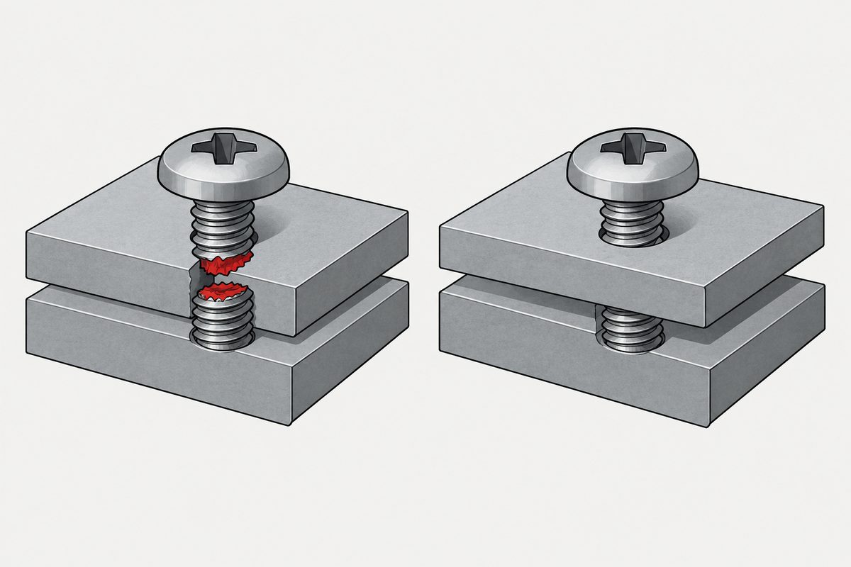 Two steel plate joints: one screw is fractured in red, while the other is intact but backed out above a gap.