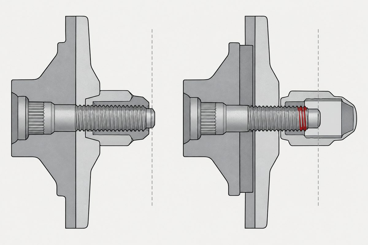ハブボルト部の断面を 2 つ並べた図。左はナットがねじ部の大半を覆い、ボルト先端がナットの外に出ている。右はハブとホイールのあいだに板が 1 枚入り、ナットはボルト先端の赤いねじ山数山だけを覆い、ナット内の残りは空いている。2 本の破線がボルト先端の位置を示す。