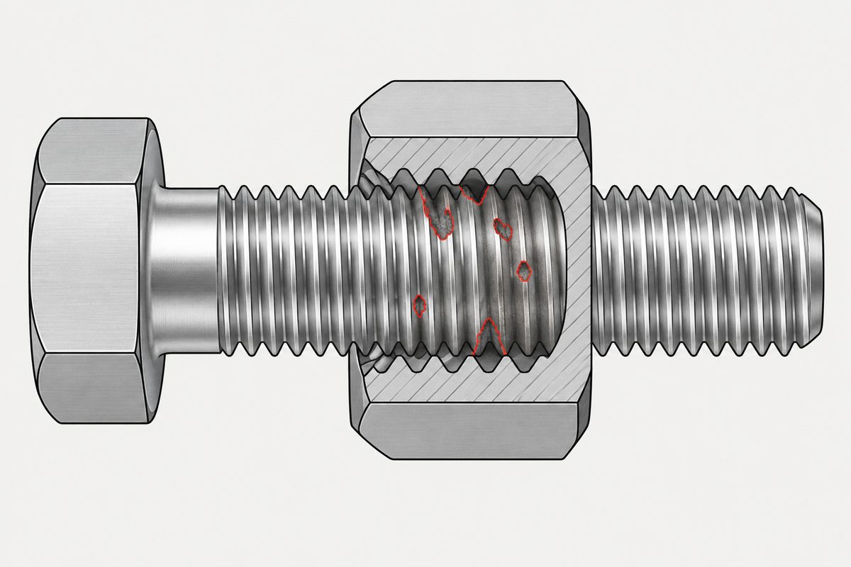 Cutaway stainless bolt and nut with clean exposed threads and red-outlined pits on enclosed threads.