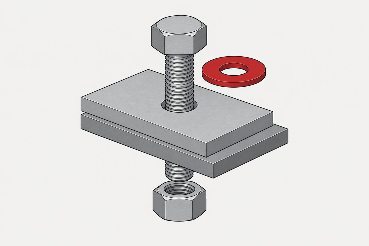 Exploded steel bolted joint with two plates, a nut below, and a red washer hovering beside the threaded shank.