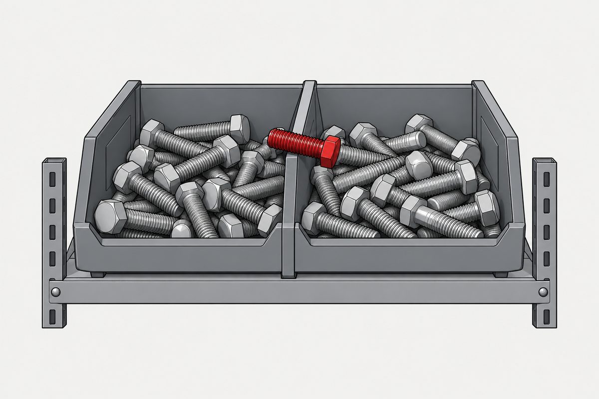 Two bins of grey hex bolts with one red bolt resting across the central divider.