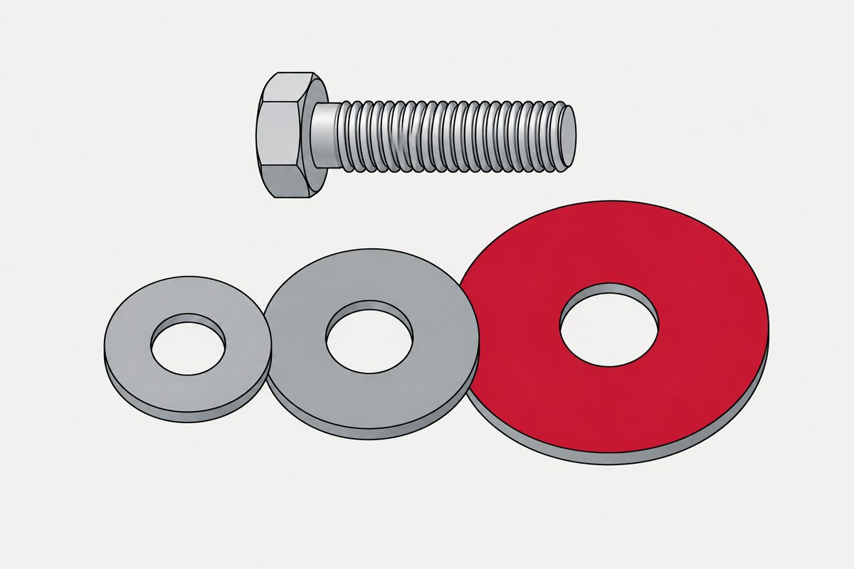 Three washers with equal center holes and increasing outer diameters sit below a steel bolt; the largest is red.