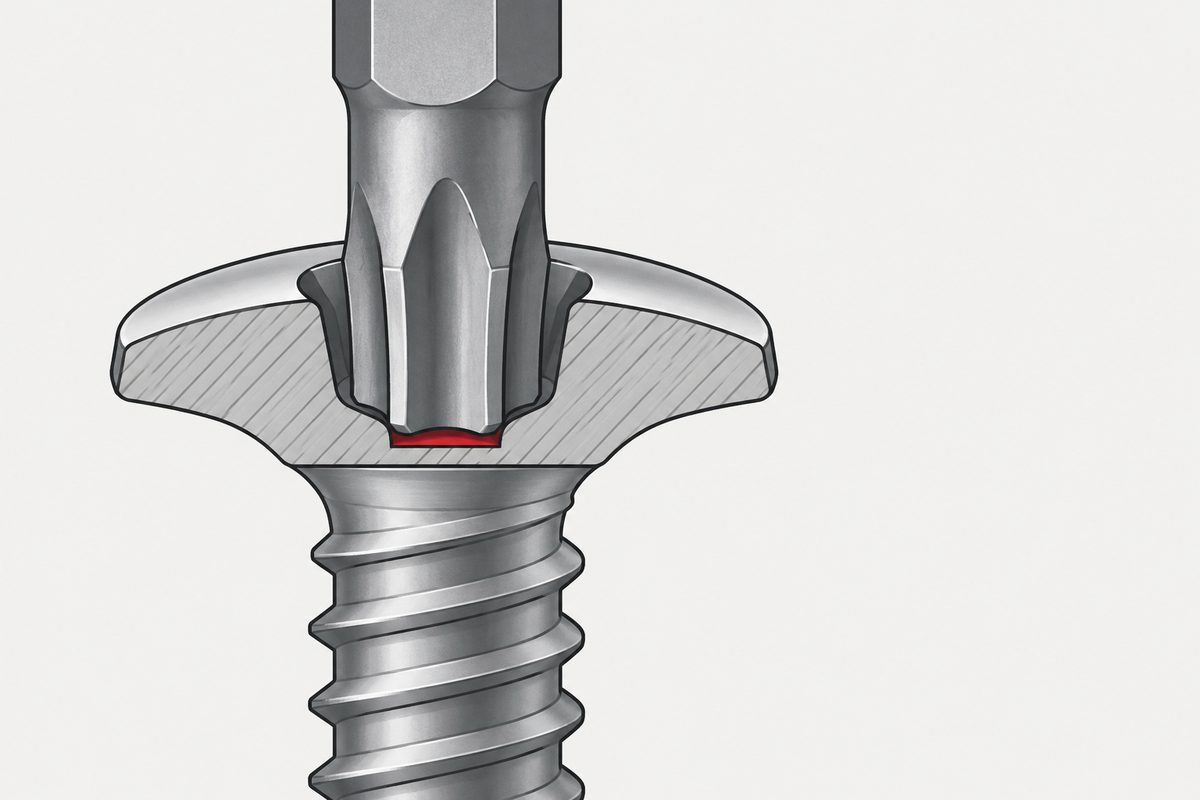Cutaway steel screw head with a star-drive bit seated deeply above a thin red metal web.