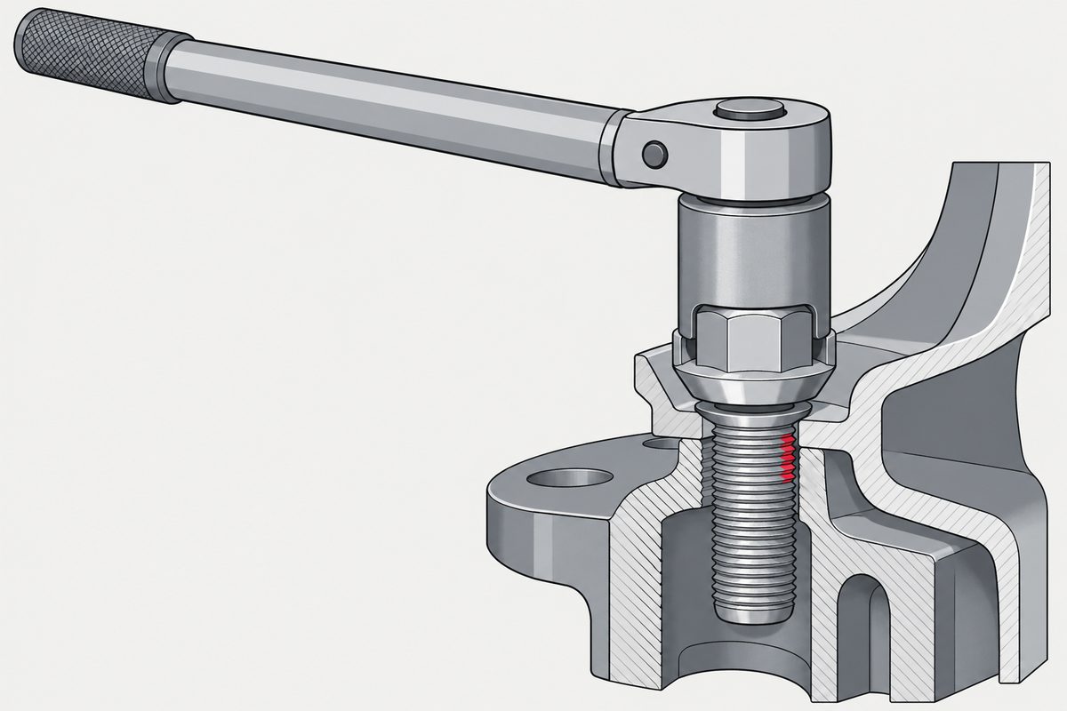 Cutaway wheel stud with a torque wrench on an unseated locking nut and a small red patch on the binding threads.