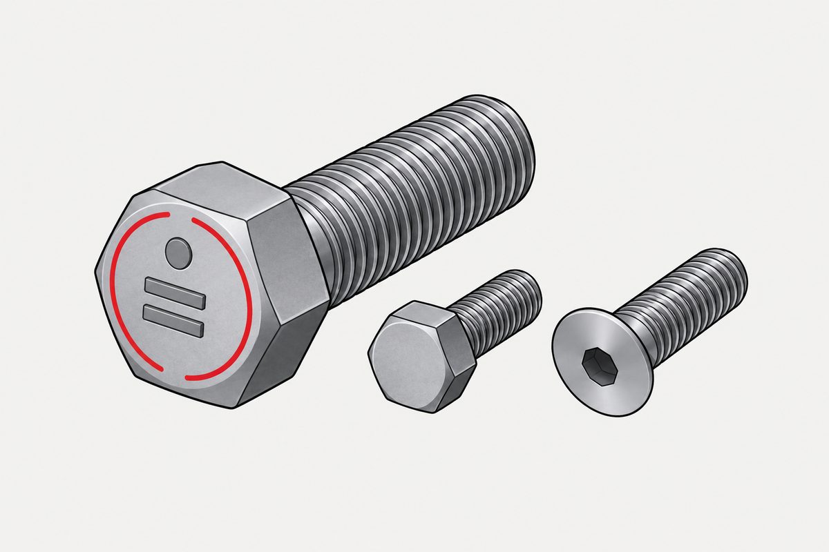 Three steel fasteners: a large hex bolt with red-circled geometric marks and two smaller fasteners with blank heads.