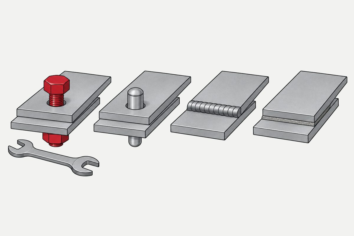 Four steel plate joints use a red threaded bolt with a spanner, a rivet, a weld bead, and an adhesive layer.