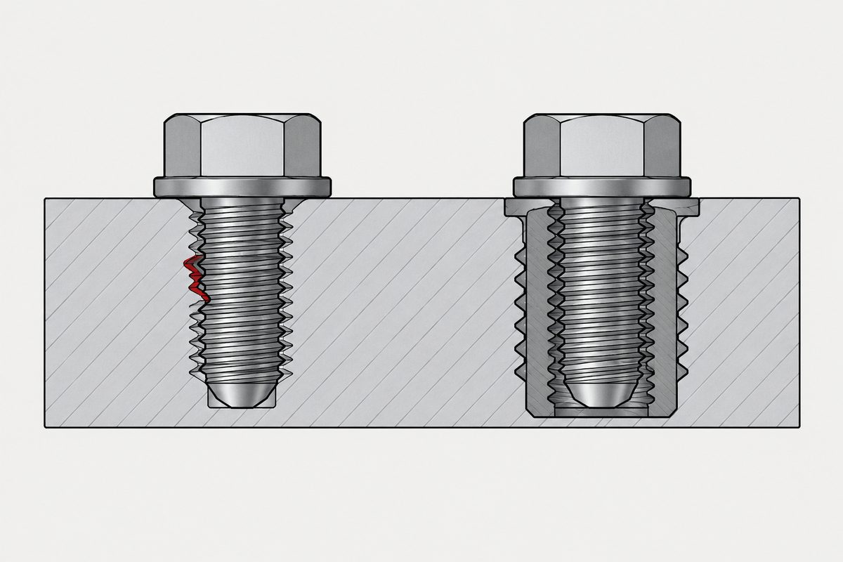 Cutaway aluminium plate with one bolt in a damaged tapped hole and another in a steel threaded insert.