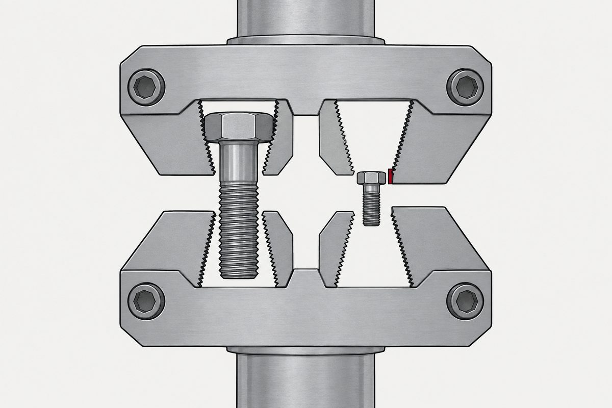 A tensile-test fixture grips a large bolt while a micro bolt sits beside a red gap between the jaws.