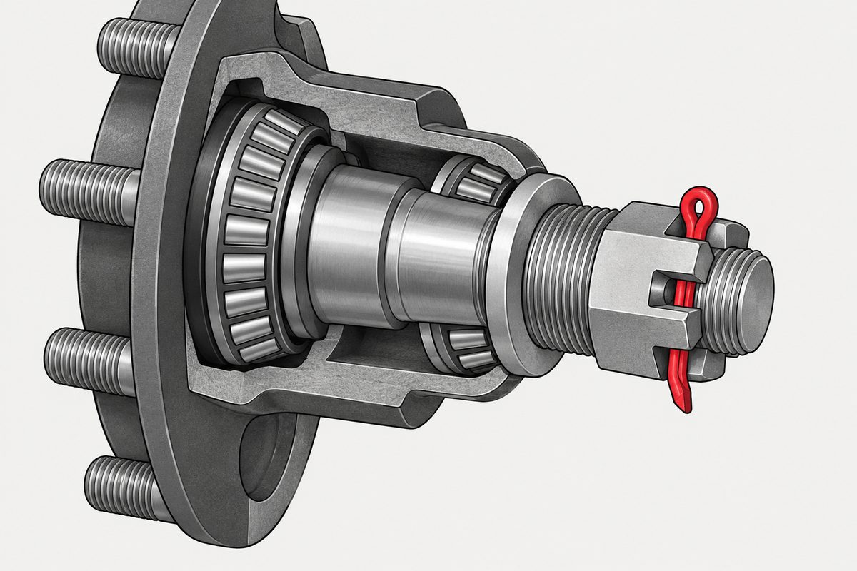 Cutaway trailer hub with a red cotter pin passing through a castellated nut and spindle.