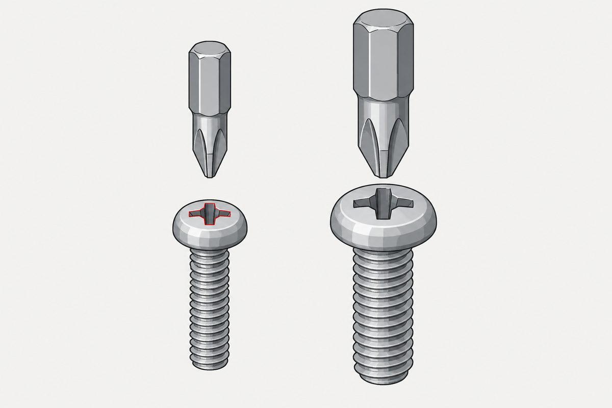 Two different-size pan-head screws beneath matching Phillips bits, with the smaller screw recess outlined in red.