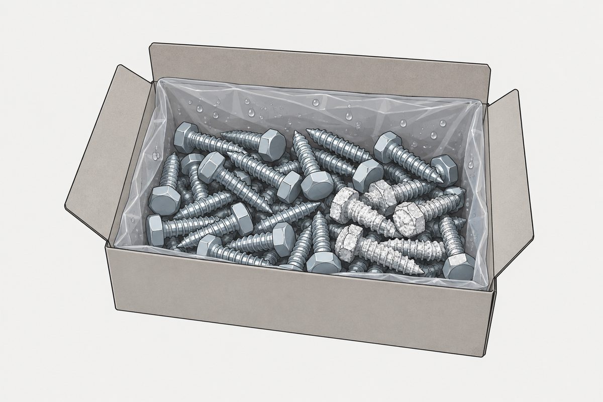 Open plastic-lined box of unused screws, with white powdery deposits on a small cluster.