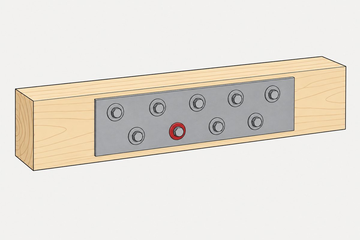 A grey steel plate on a timber beam has two staggered bolt rows, with one central washer highlighted red.