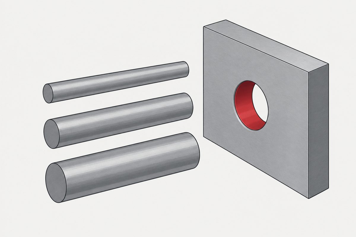 A steel plate with a red-lined bore beside three shafts of different diameters.