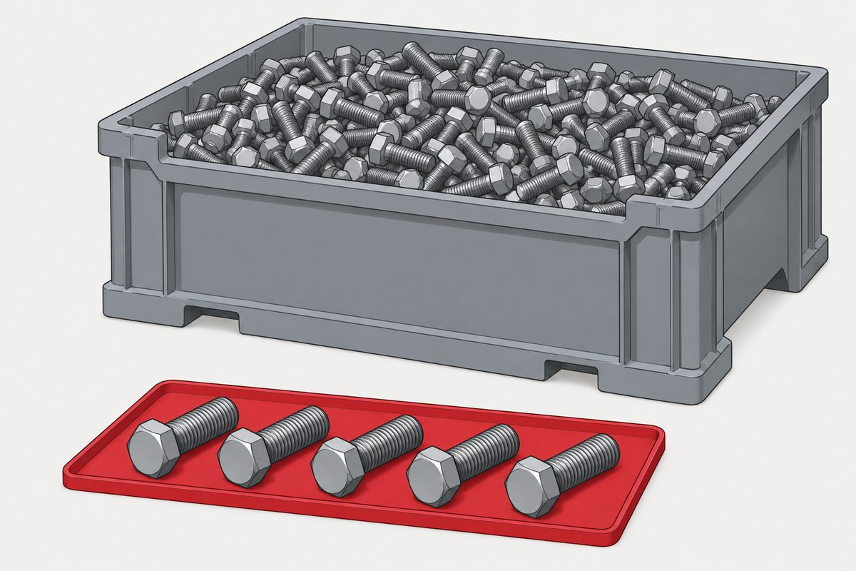 Five steel bolts sit on a red inspection tray before a large bin filled with matching bolts.
