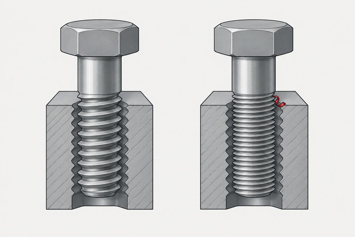 Two equal-diameter steel bolts with coarse and fine threads sit in cutaway blocks; a red shaving catches on the fine thread.