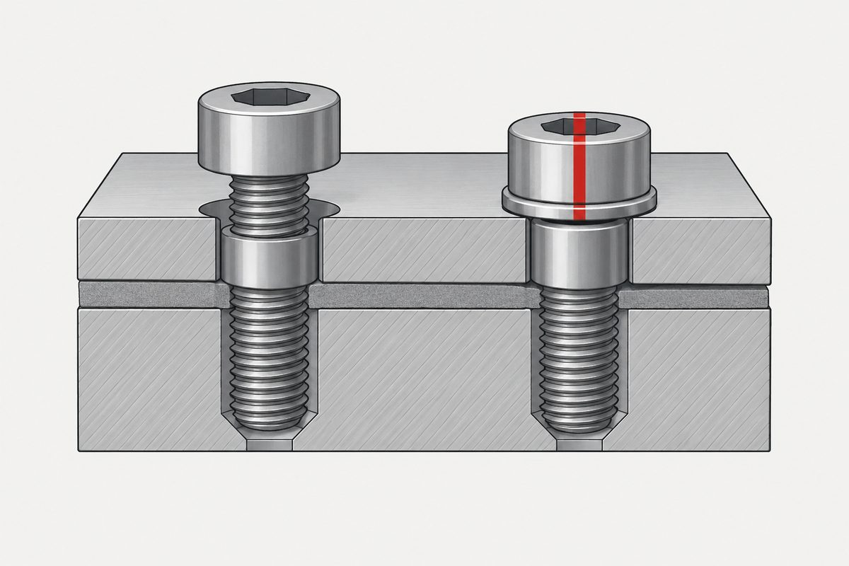 Cutaway steel joint with one raised screw and one seated screw marked by a red alignment stripe.