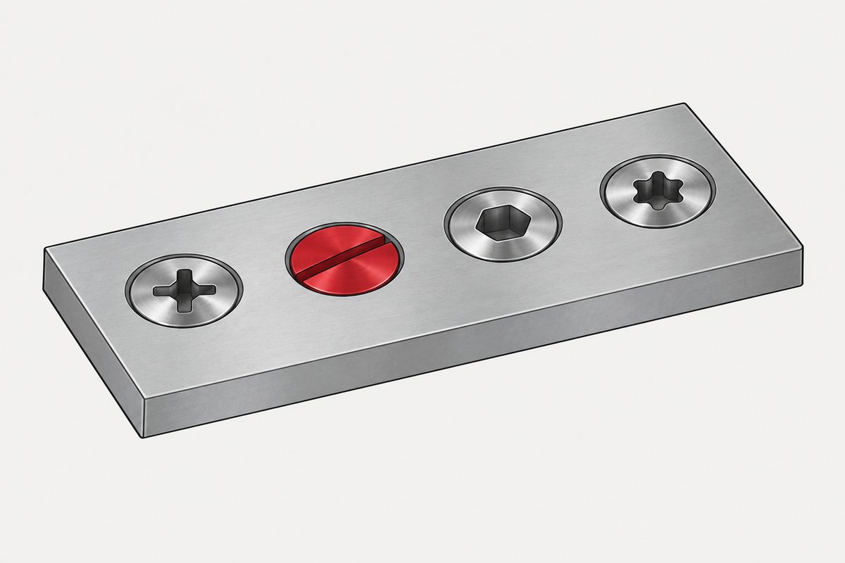 A steel plate with four screw-drive styles, centered on a red slotted screw beside three grey screws.