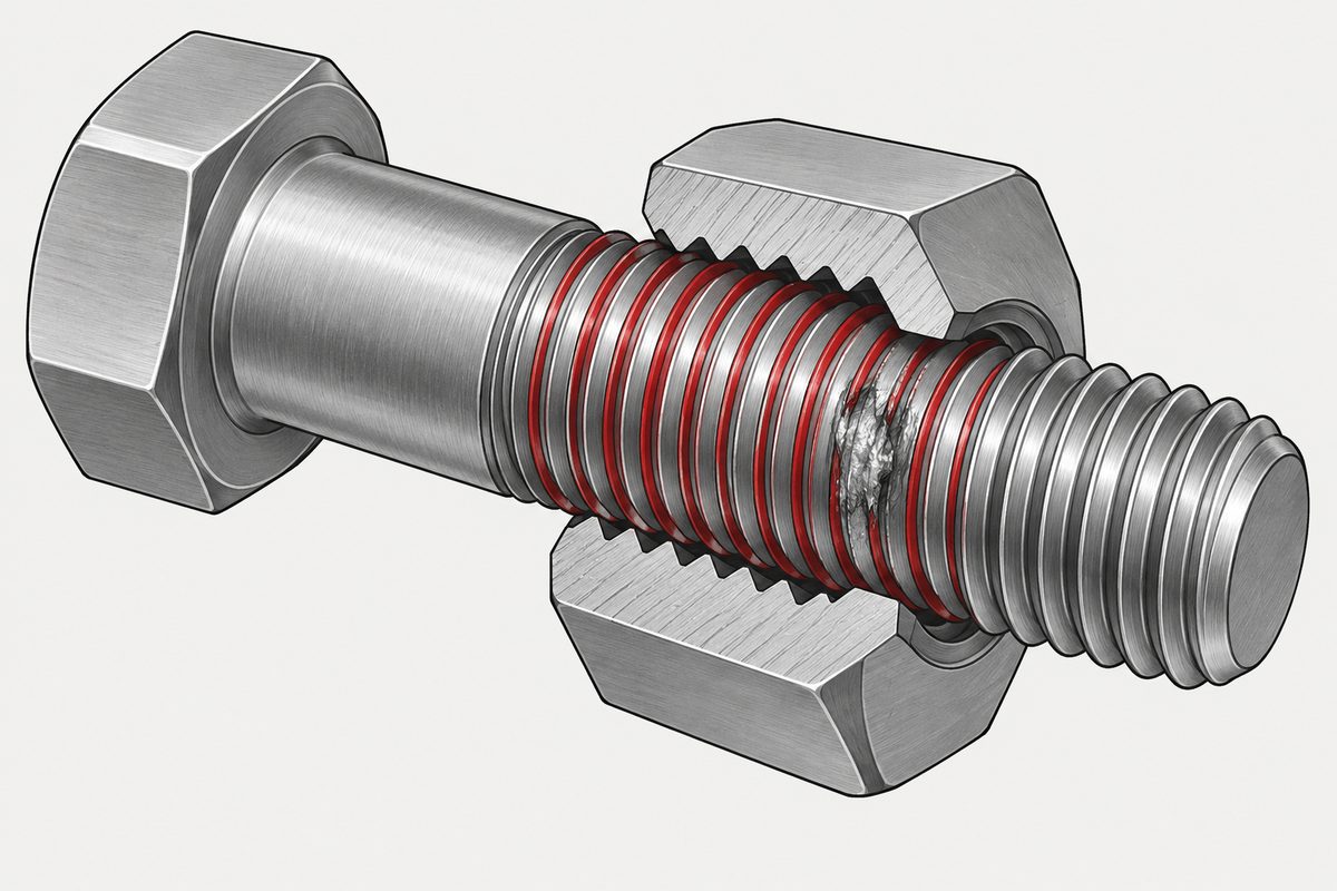 Cutaway nut around a bolt, with a thin red film along the threads and a rough worn patch at the center.