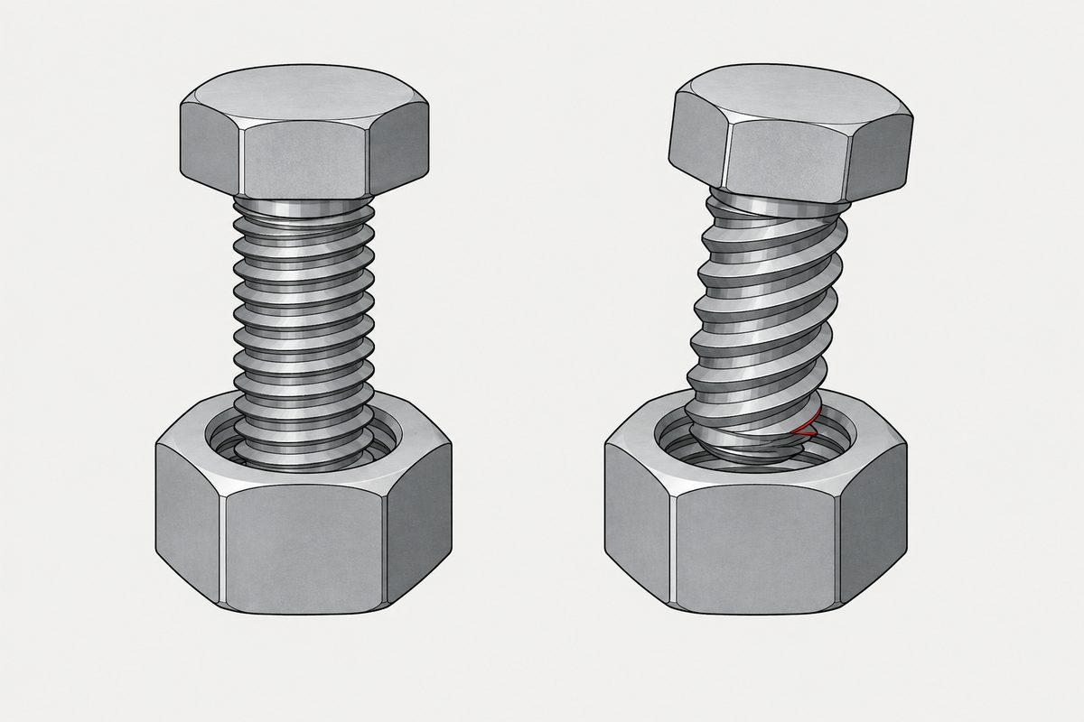 Two steel bolt-and-nut pairs, with the coarse-thread bolt on the right tilted and jammed at the nut opening.