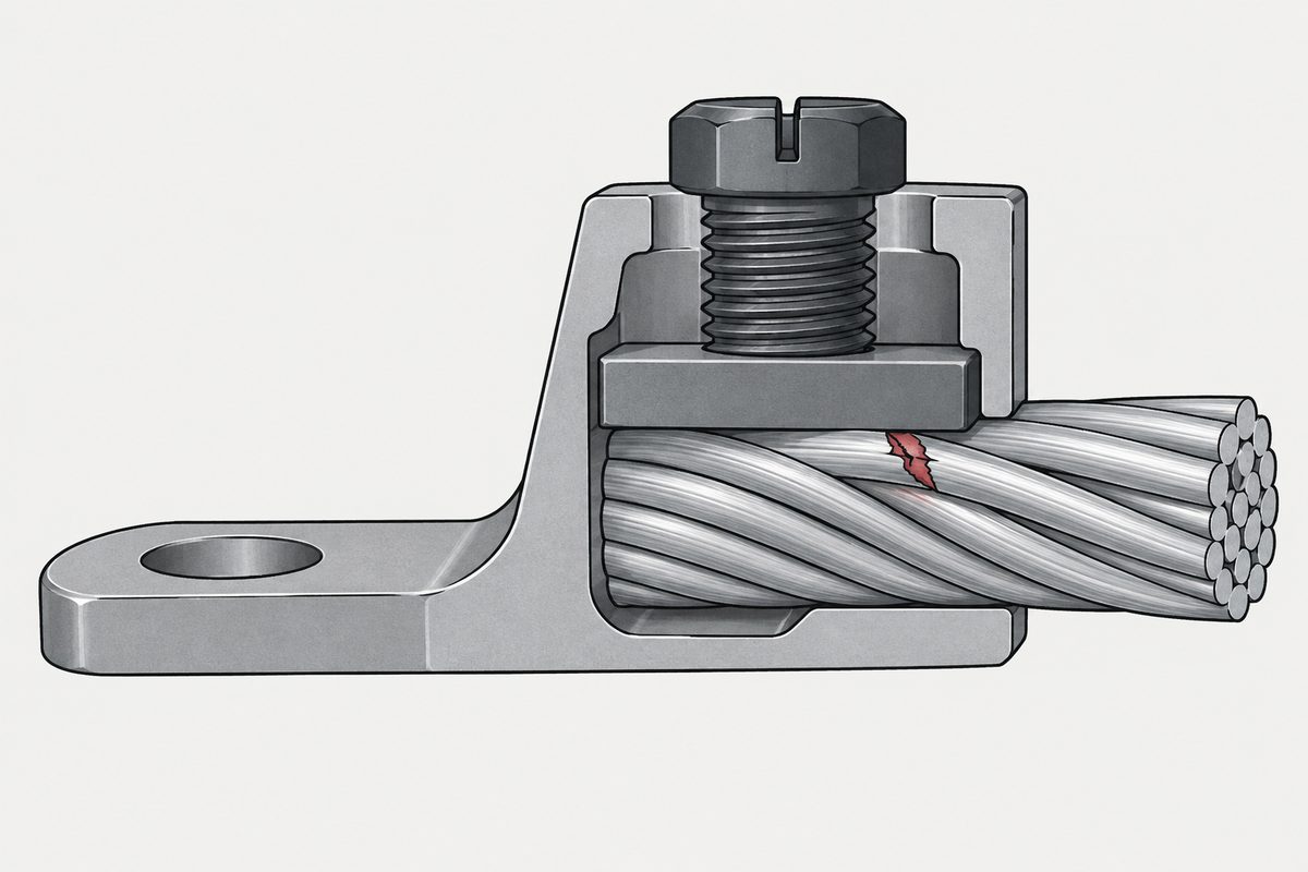 Cutaway metal lug clamping a stranded conductor under a screw, with one strand at the clamp edge broken in red.