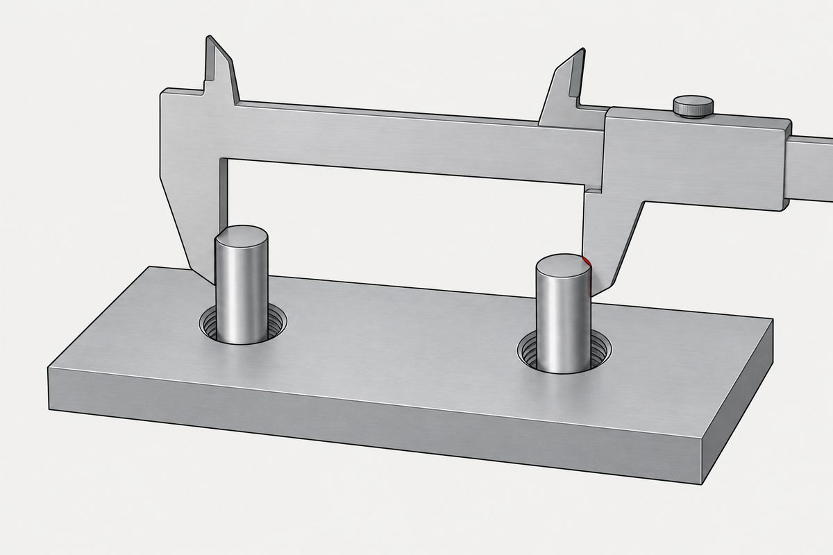 A blank caliper spans two gauge pins in a steel bracket, with a small red gap at one jaw.