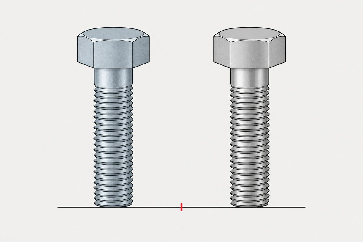 Two identical hex bolts side by side, zinc-plated on the left and stainless on the right, with a small red tick between them.
